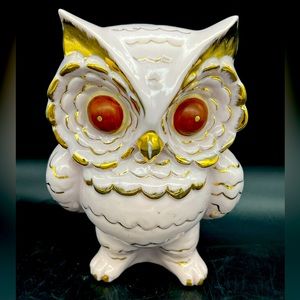 Rare1956 Vintage Ceramic Almak Owl Bank With Pink Pearlized And Gold. Signed